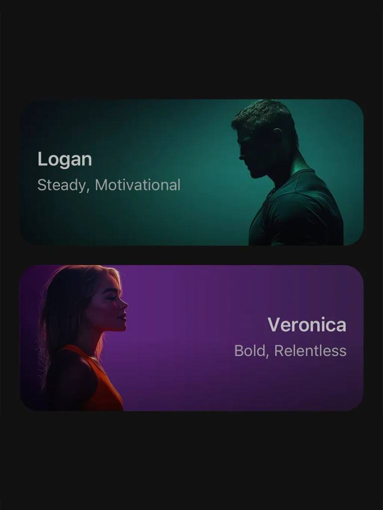 Choose a coaching style that matches your personality. Two coach profile options, Logan and Veronica, with different motivation styles