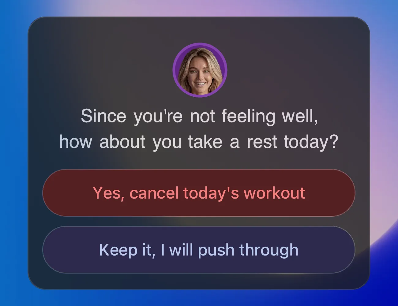 Perzimo adapts your plan when recovery is needed. In-app recovery prompt suggesting a rest day when energy is low