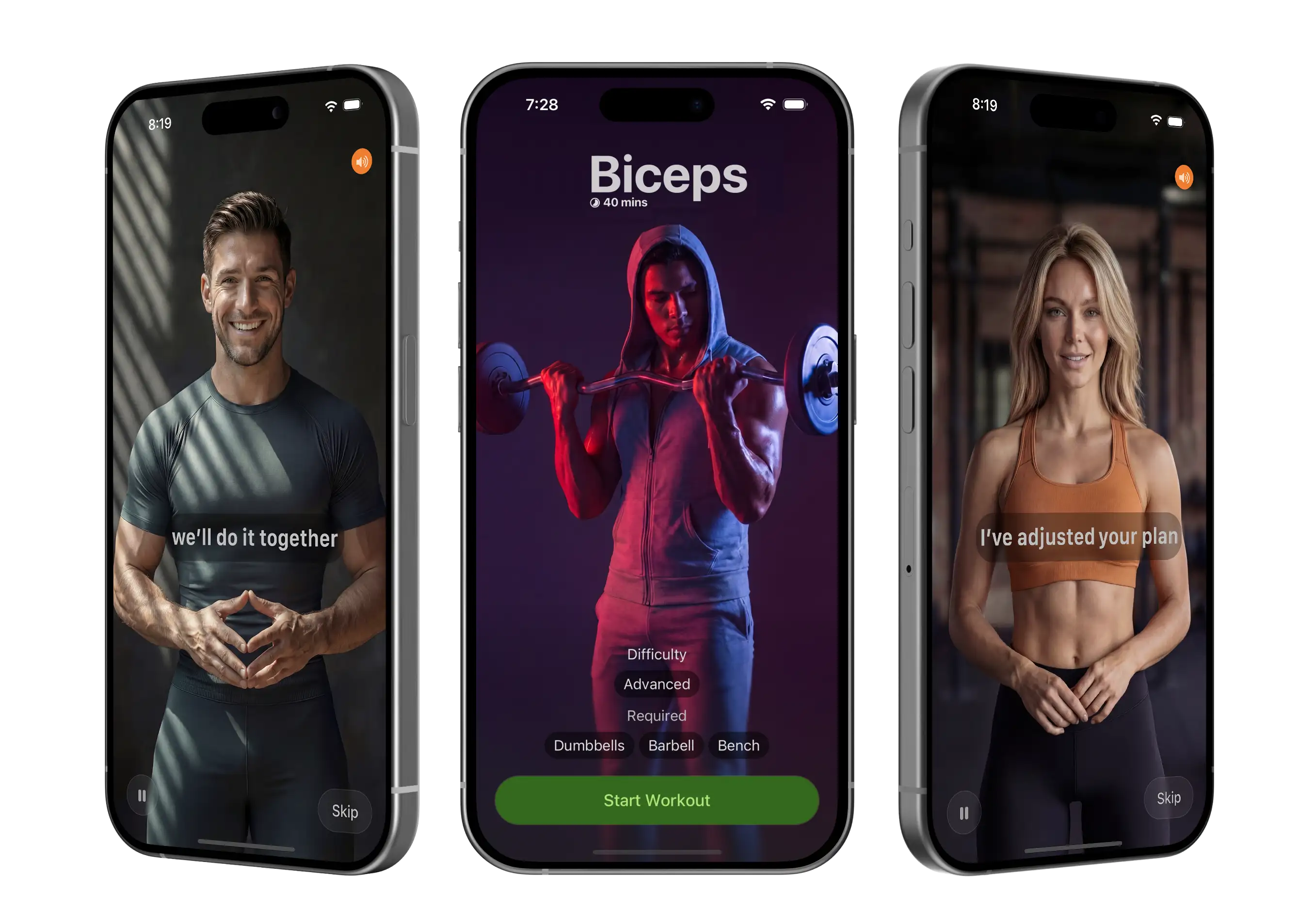 Train with real-time coaching while staying in your own soundtrack. App screens showing guided coaching with Logan and Veronica, and a Biceps workout overview